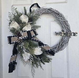 Handmade winter wreath black and white plaid bow pearls and frosted pinecones